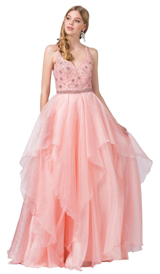 Dancing Queen - 2524 Embellished Halter V-neck Tiered Ballgown In Pink