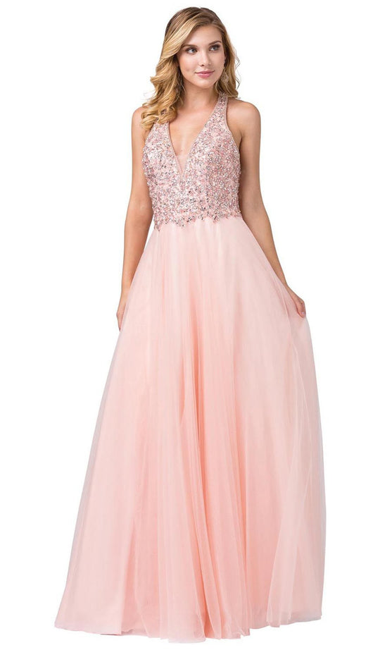 Dancing Queen - 2532 Embellished Deep Halter V-neck A-line Gown In Pink