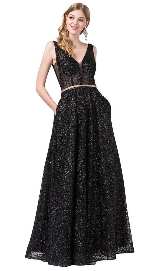 Dancing Queen - 2593 Illusion Plunging V Neck Glitter Mesh Prom Dress In Black
