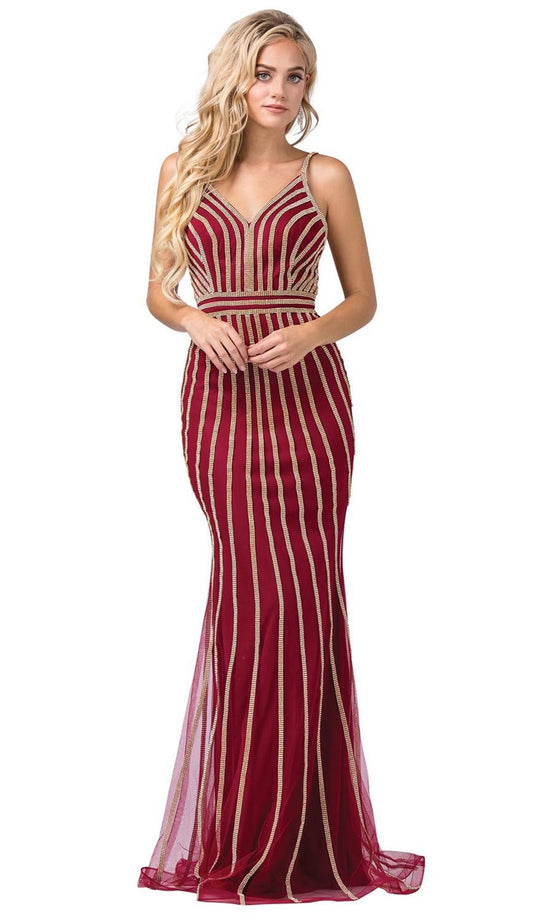 Dancing Queen - 2679 Embellished V-neck Long Trumpet Dress In Red