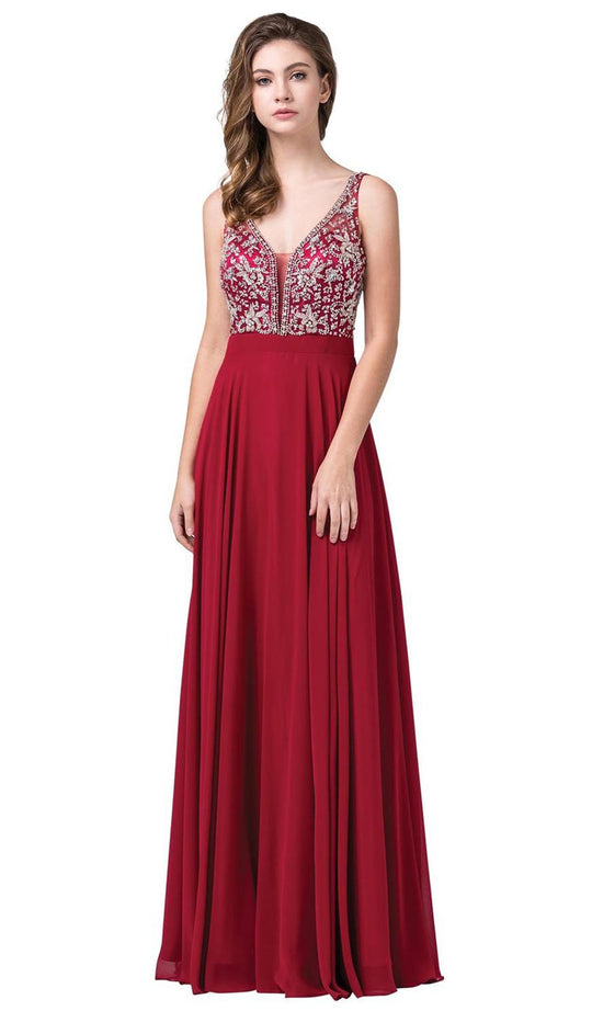 Dancing Queen - 2669 Bejeweled Sleeveless V Neck Low Scoop Back Gown In Red