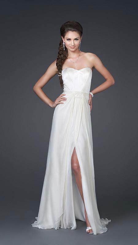 La Femme - 15586 Strapless Sweetheart Long Silk Gown with Front Slit In White