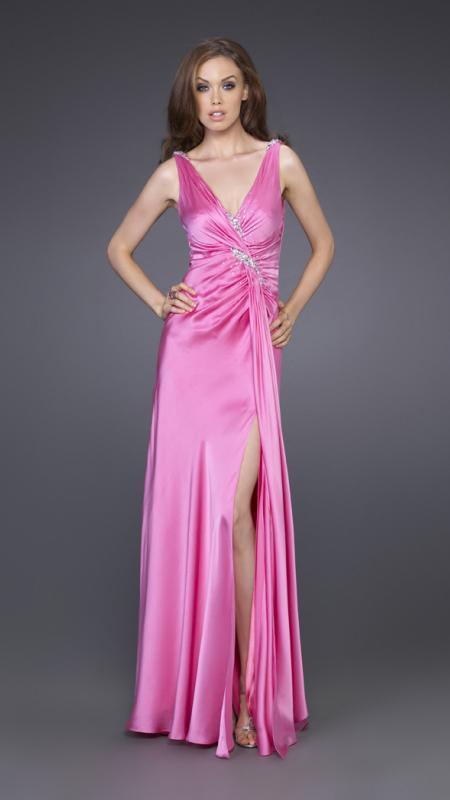 La Femme - Sleek Crystal Braided V-Neck Sheath Gown with Slit 15599 in Pink