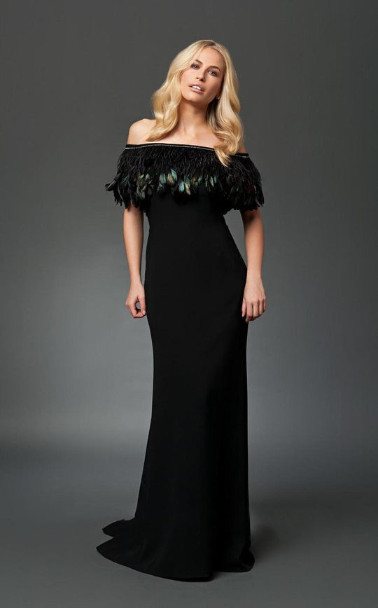 Daymor Couture - Feathered Off Shoulder Column Gown 119 in Black