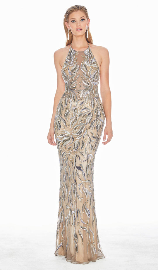 Ashley Lauren - 1563 Halter Sequined Sheath Evening Dress In Multi-Color and Gray