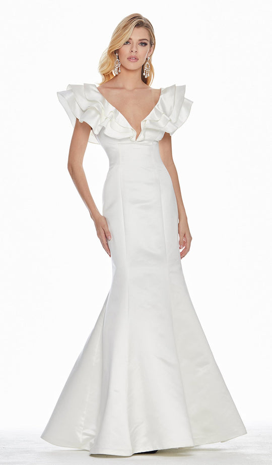 Ashley Lauren - 1566 Ruffled Cap Sleeve Plunging V-Neck Gown In White