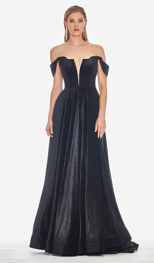 Ashley Lauren - 1567 Deep Off-Shoulder Glitter Velvet A-line Dress In Black