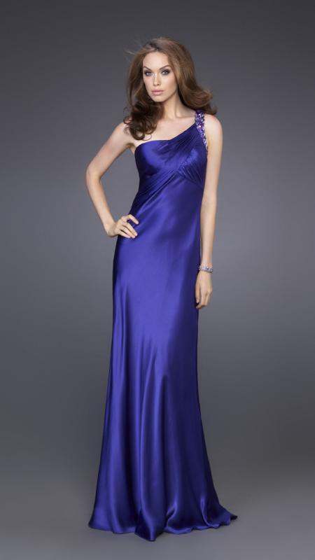 La Femme - Royal Gown with Embellished One Shoulder Strap 15683 In Blue