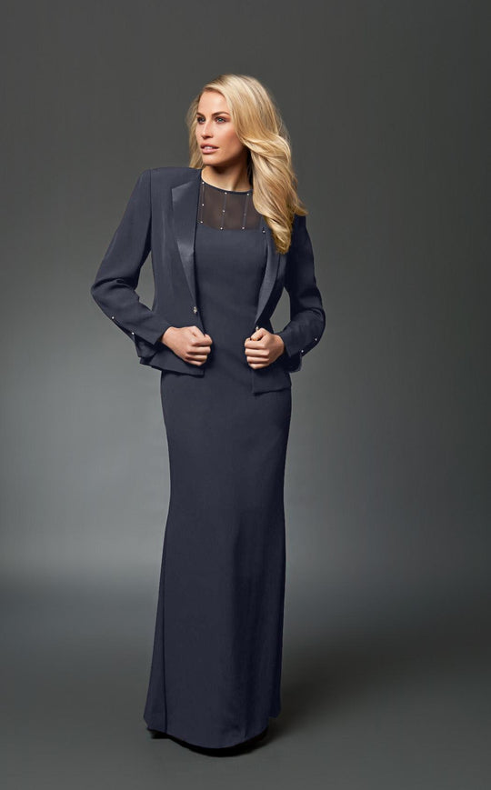 Daymor Couture - 2105 Classy Sheer Beaded Yoke Sheath Gown With Jacket In Gray