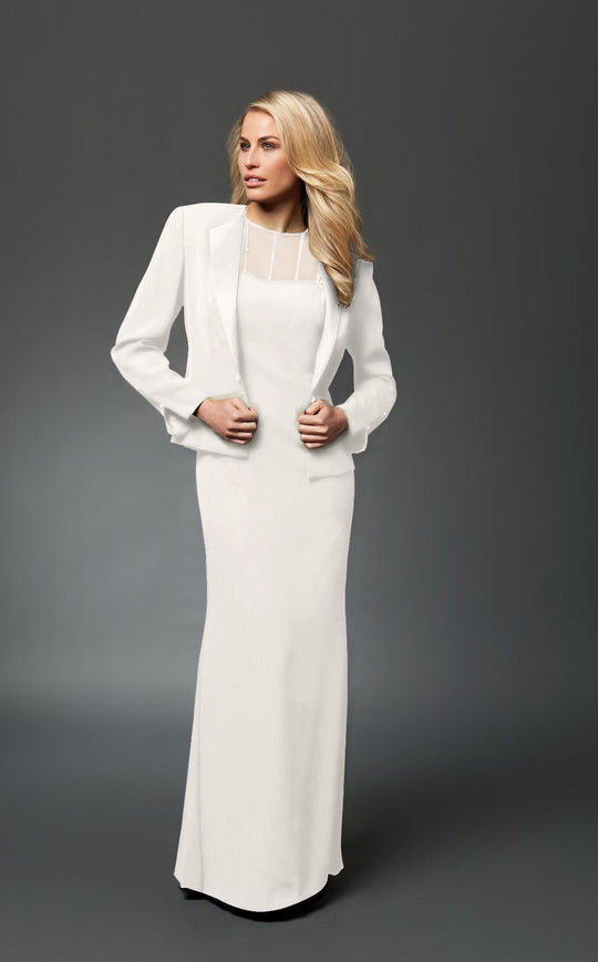 Daymor Couture - 2105 Beaded Illusion Neckline Sheath Gown With Jacket In White