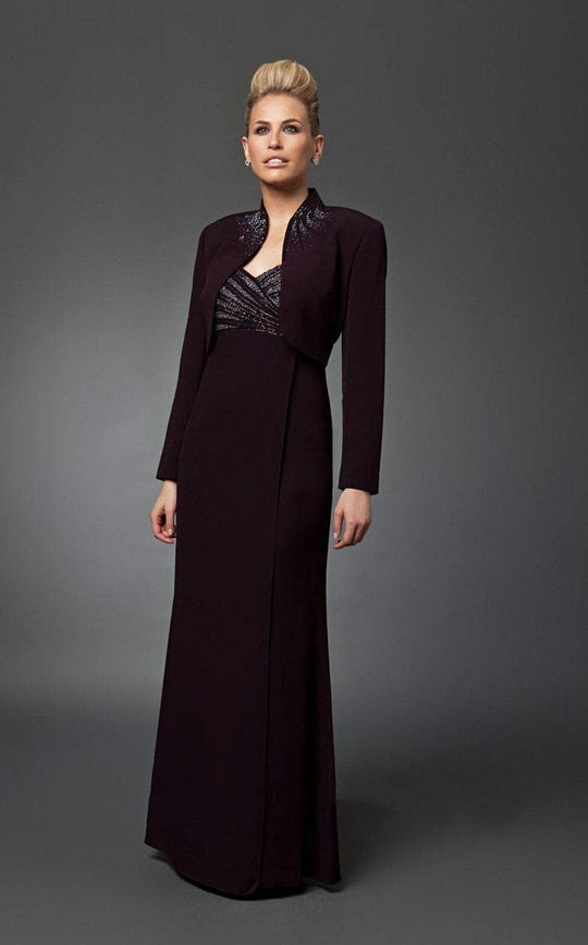 Daymor Couture - 3112 Adorned Empire Long Gown with Long Sleeve Bolero in Brown