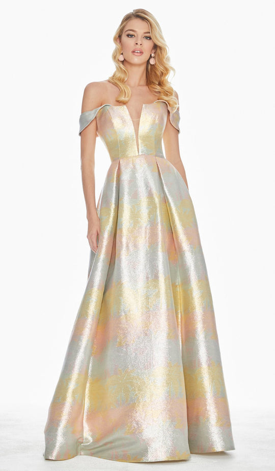 Ashley Lauren - 1570 Plunging Off-Shoulder Brocade Ballgown In Multi-Color