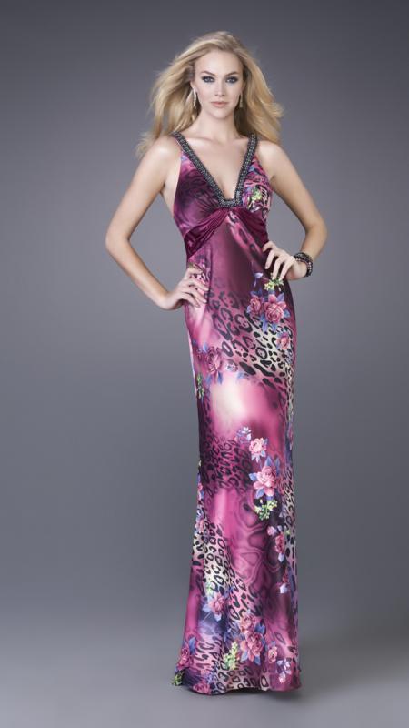 La Femme - Feisty Floral and Animal Print V-Neck Sheath Gown 15734 in Purple and Print