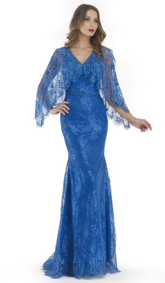 Morrell Maxie Scalloped Cape Overlay Lace Dress 15739 In Blue