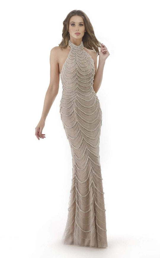 Morrell Maxie - 15753 Halter Neck Draped Evening Gown In Silver