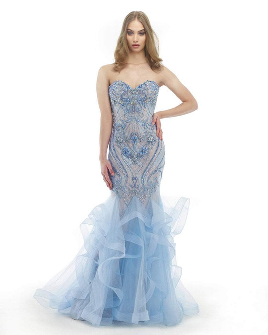 Morrell Maxie - 15755 Embellished Sweetheart Ruffled Mermaid Dress in Blue