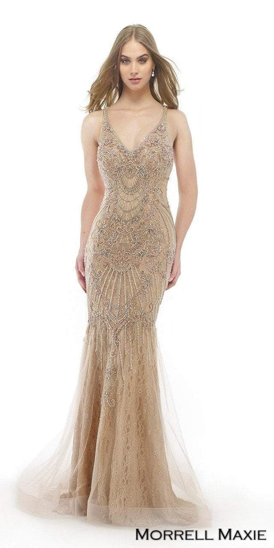 Morrell Maxie - 15764 Beaded V-neck Trumpet Dress in Neutral