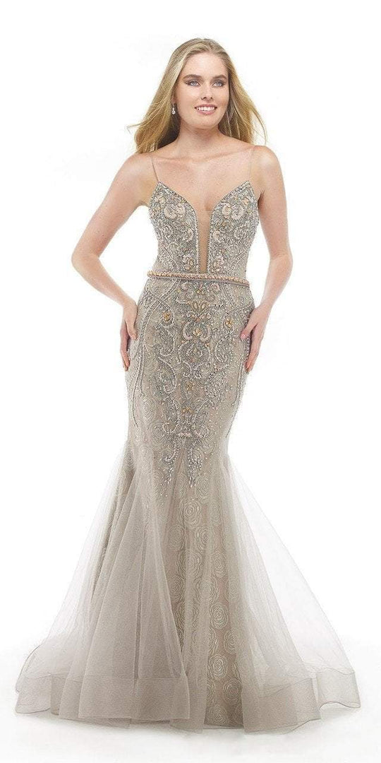 Morrell Maxie - 15767 Embellished V-neck Mermaid Dress in Gray