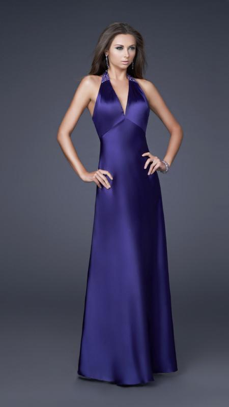 La Femme - Sleek Beaded V-neck Satin A-line Gown 15801 in Purple