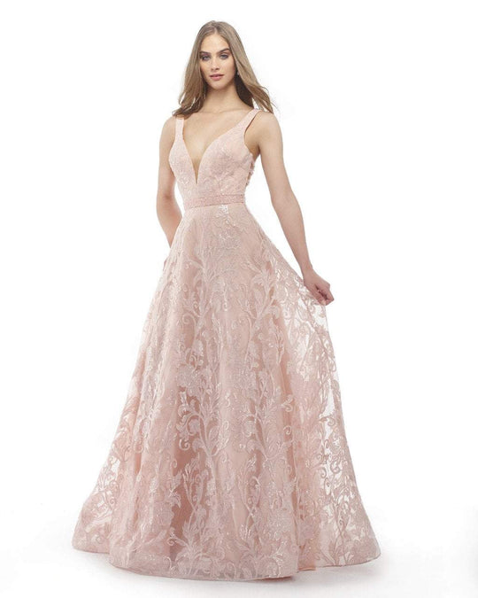 Morrell Maxie - 15825 Embroidered Deep V-neck A-line Dress in Pink