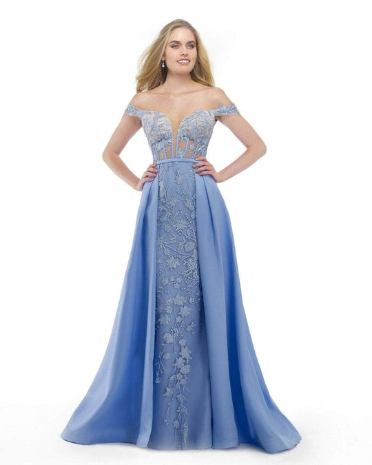 Morrell Maxie - 15840 Floral Embroidered Off Shoulder Gown in Blue