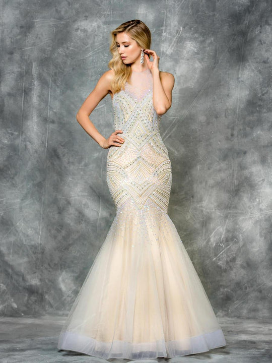 Colors Dress - 1585 Sheer Embellished Mermaid Dress in Gray and Neutral
