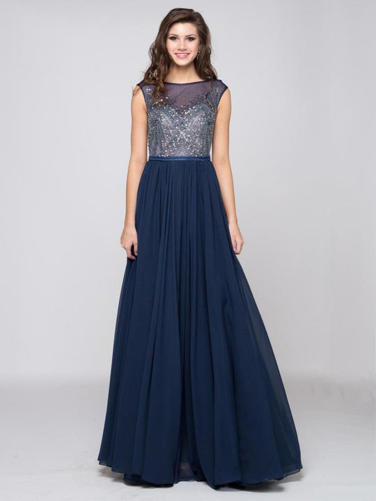 Colors Dress - 1586 Beaded Chiffon A-Line Long Dress in Blue