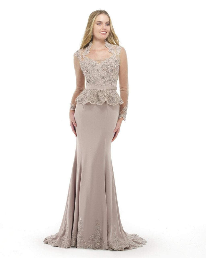 Morrell Maxie - 15875 Queen Anne Neckline Beaded Sheath Gown in Neutral