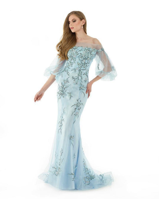 Morrell Maxie - 15885 Embroidered Off-the-Shoulder Mermaid Gown in Blue