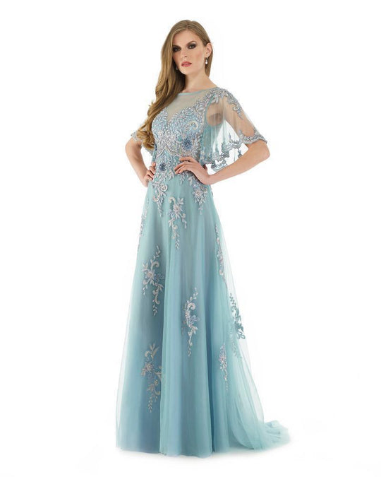 Morrell Maxie - 15886 Beaded Embroidered Illusion Bodice A-Line Dress in Blue, Silver