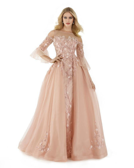 Morrell Maxie - 15887 Cold Shoulder Floral Embroidered Ballgown in Pink