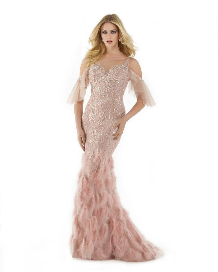 Morrell Maxie - 15889 Cold Shoulder Mermaid Feather Evening Gown in Pink