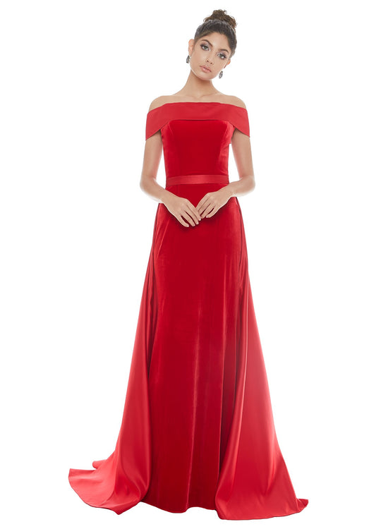 Ashley Lauren - 1588 Off-Shoulder Velvet Dress With Overskirt In Red