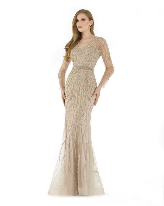 Morrell Maxie - 15890 Pearl Beaded V-neck Tulle Sheath Dress in Neutral