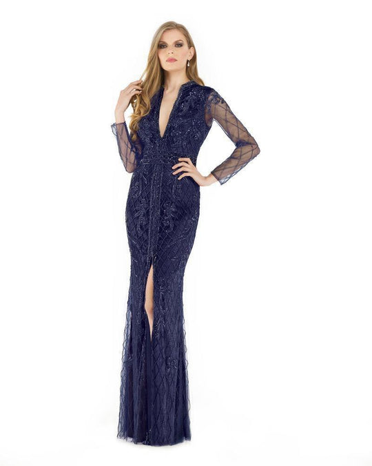 Morrell Maxie - 15891 Beaded Long Sleeve Deep V-neck Fitted Dress in Blue
