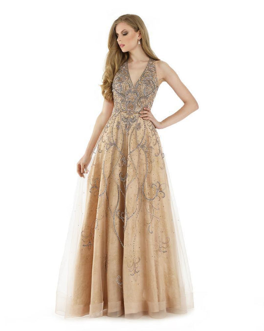 Morrell Maxie - 15892 Embellished Lace V-neck Ballgown in Neutral