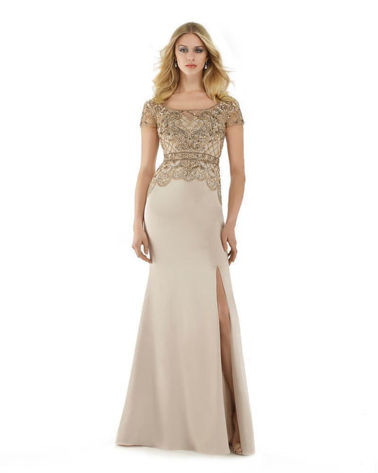 Morrell Maxie - 15893 Bedazzled Bateau Neck Trumpet Dress With Slit in Neutral