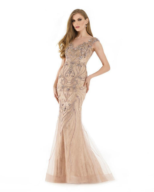 Morrell Maxie - 15894 Bejeweled Lace Illusion Bateau Trumpet Dress in Neutral