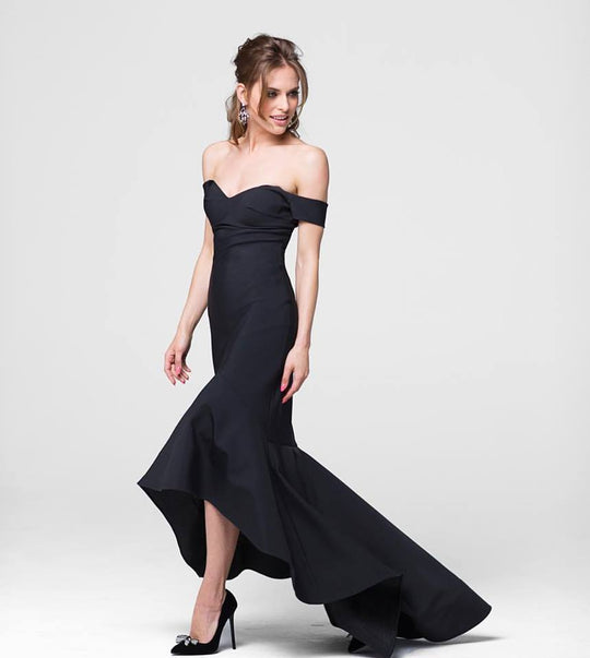 Tarik Ediz - Off the Shoulder High Low Trumpet Gown 50011 in Black