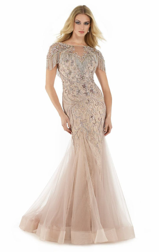 Morrell Maxie - 15899 Embellished Fringed Tulle Trumpet Gown in Pink