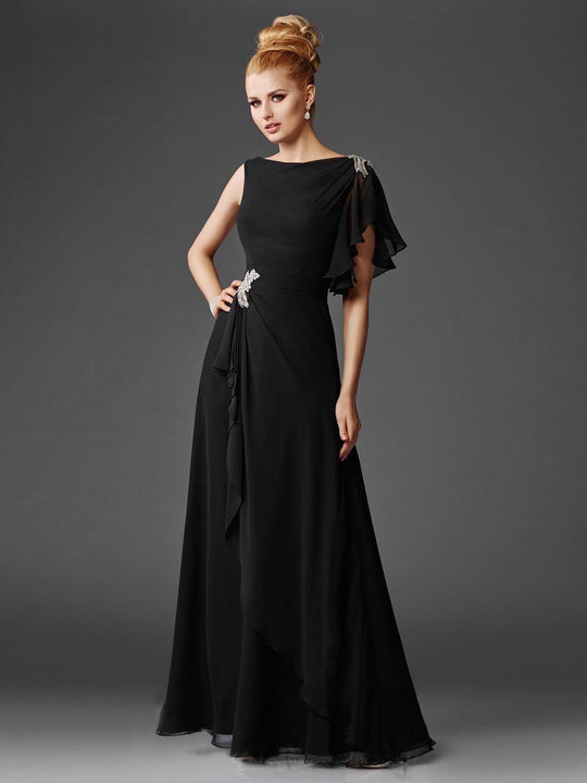 Clarisse - M6401 Chiffon Bateau A-line Dress in Black