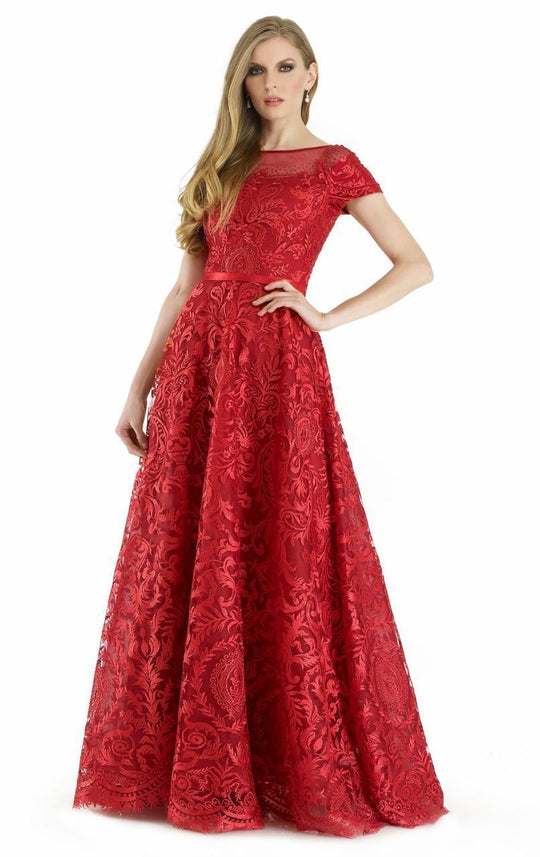 Morrell Maxie - 15901 Appliqued Sheer A-Line Evening Gown in Red