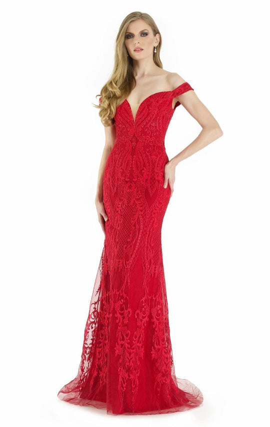 Morrell Maxie - 15903 Embroidered Plunging Off-Shoulder Gown in Red