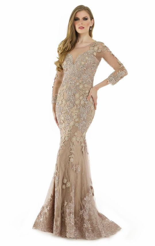 Morrell Maxie - 15905 Embroidered Illusion Scoop Evening Gown in Neutral