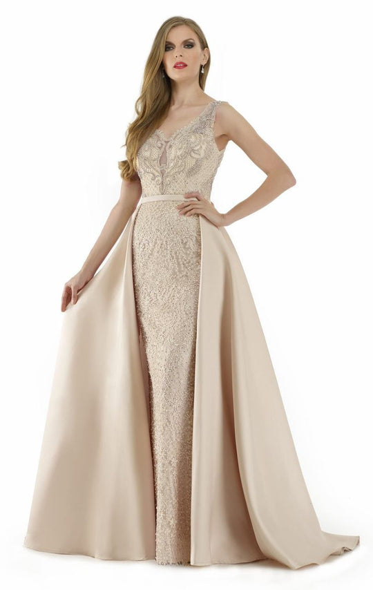 Morrell Maxie - 15906 Beaded V Neck Gown with Overskirt in Neutral