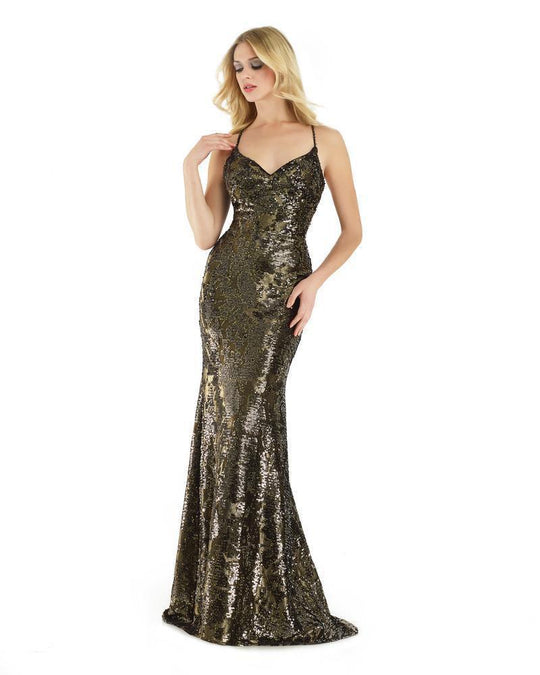 Morrell Maxie - 15910 Sleeveless Sequined V-neck Fitted Dress in Gold