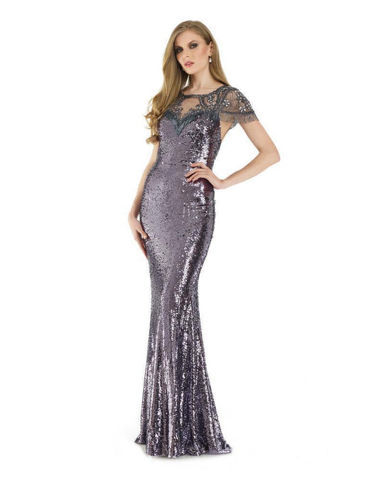 Morrell Maxie - 15912 Sequined Bateau Sheath Dress With Train in Purple