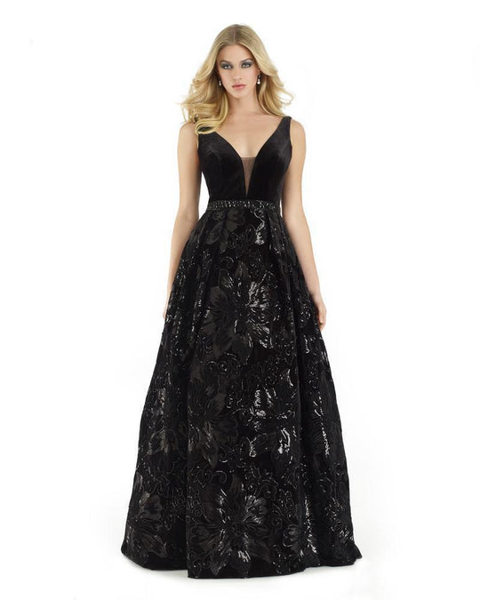 Morrell Maxie - 15924 Sequined Velvet Deep V-neck Ballgown in Black