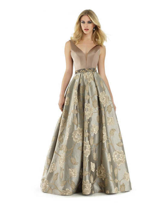 Morrell Maxie - 15939 Mikado Deep V-neck Jacquard Ballgown in Brown and Green