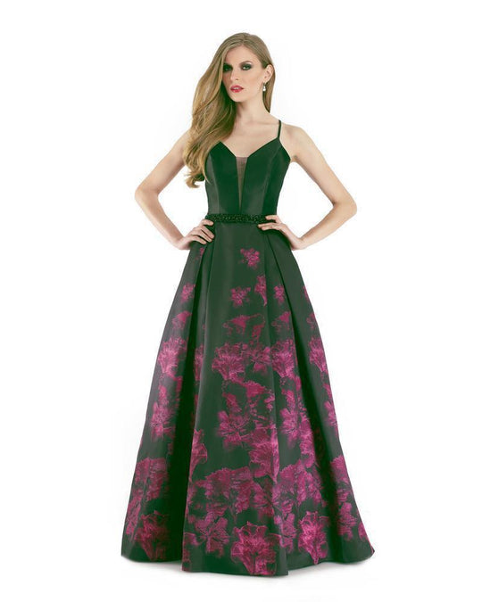 Morrell Maxie - 15940 Sleeveless Mikado Deep V-neck Jacquard Ballgown in Black and Pink